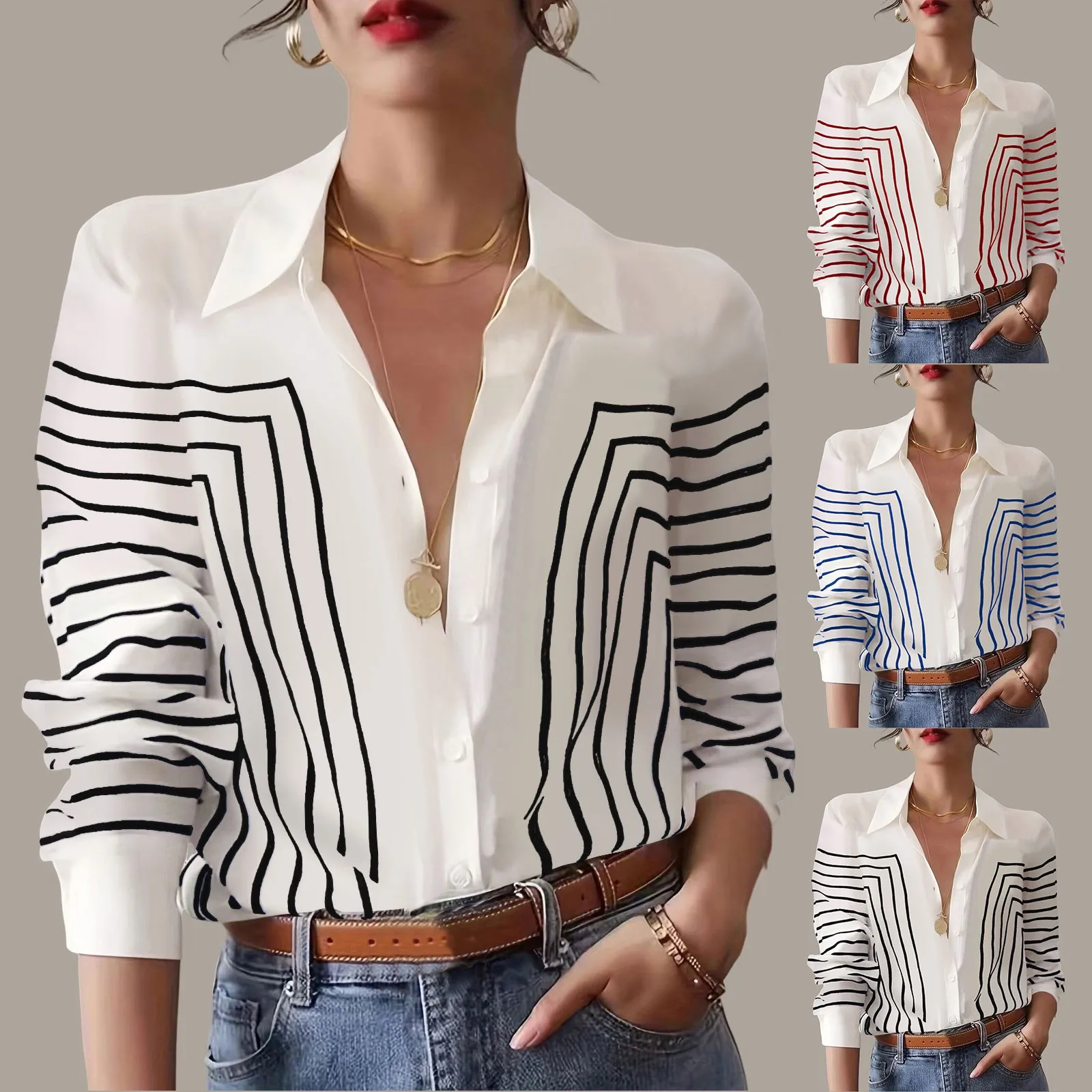 2024 Summer Women Plus Size.Blouses For Women Dressy Casual Plus Size Women Fashion Striped Button Down Shirt Blusas Para Mujer