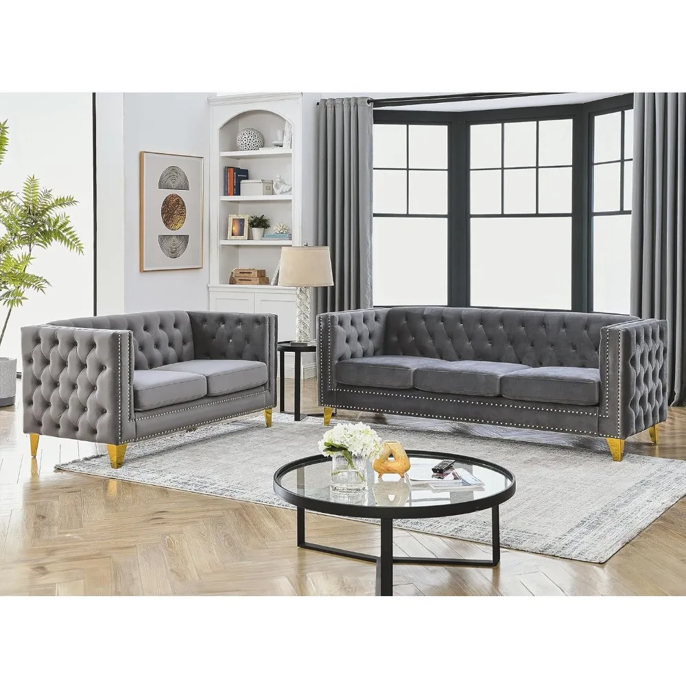 

Velvet Living Room Sofa Set of 2, Comfy Loveseat and 3 Seater Couch, Modern Sofa with Tufted Back and Rivet Decoration