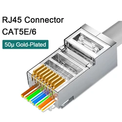 Rj45 blindado através do módulo do conector, rj5e/6/7, uTP 3/50g banhado a ouro 8p8c, cabo ethernet lan crimp terminal