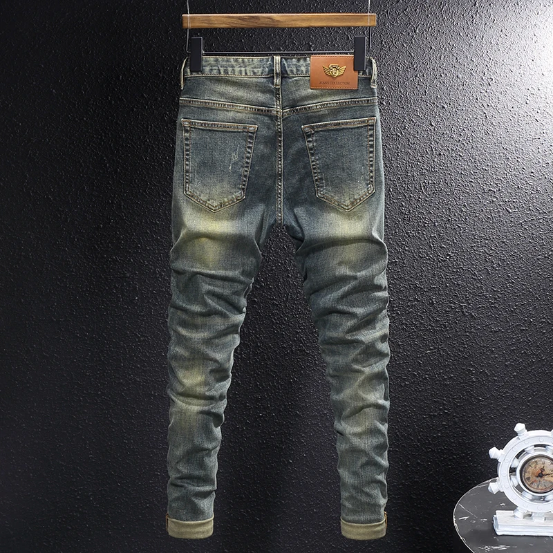 Men's Fashionable Jeans with Pleats Elastic Repair Vintage Blue Denim High-Quality Italian Style