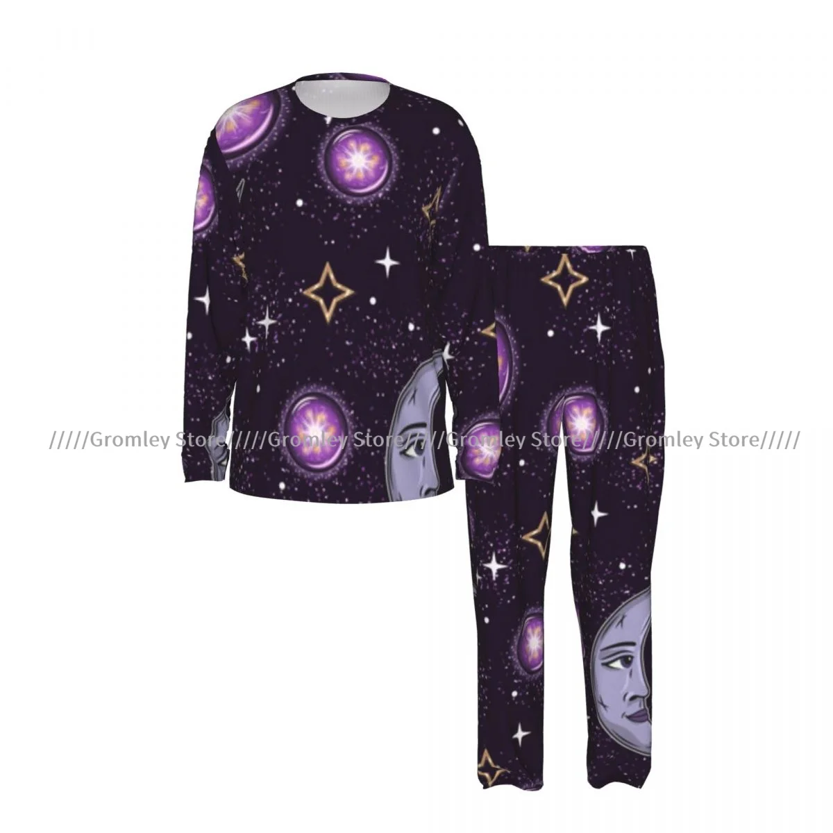 Celestial Crescent Moon Magic Ball Stars Men's Pajama Set Long Sleeve T Shirt and Long Pants Sleepwear Male Nightwear Home Suit