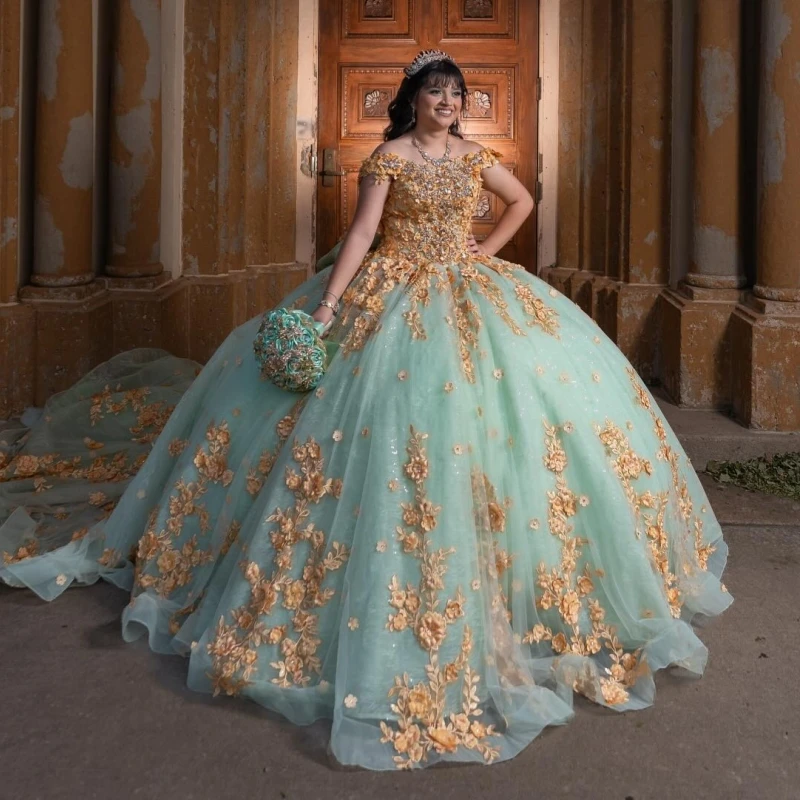 

Mint Green Shiny Quinceanera Dresses Off The Shoulder Applique Flower Beading Crystal Bow Tull Party Birthday Sweet 16 Dress