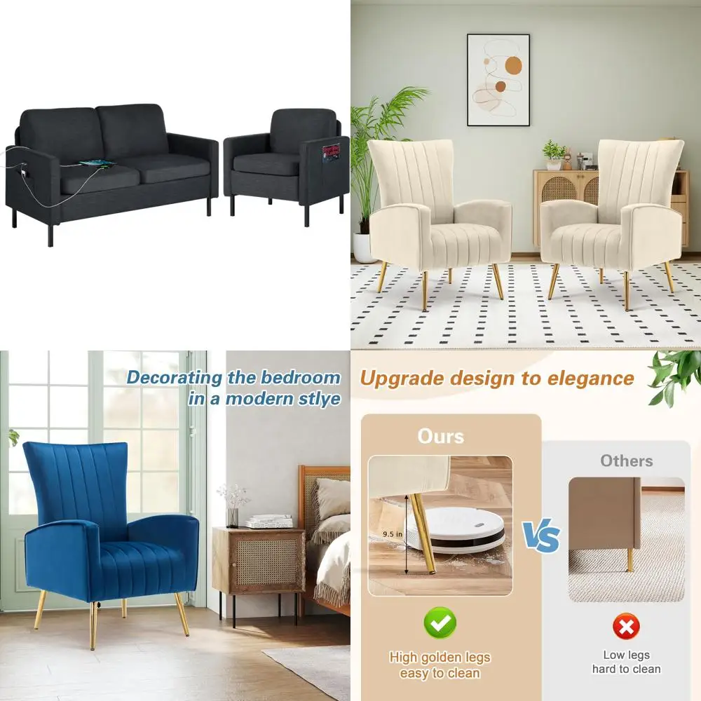 طقم أريكة منجد مكون من قطعتين مع مقعد Loveseat ومنفذ USB وكرسي مميز، رمادي لأثاث غرفة المعيشة