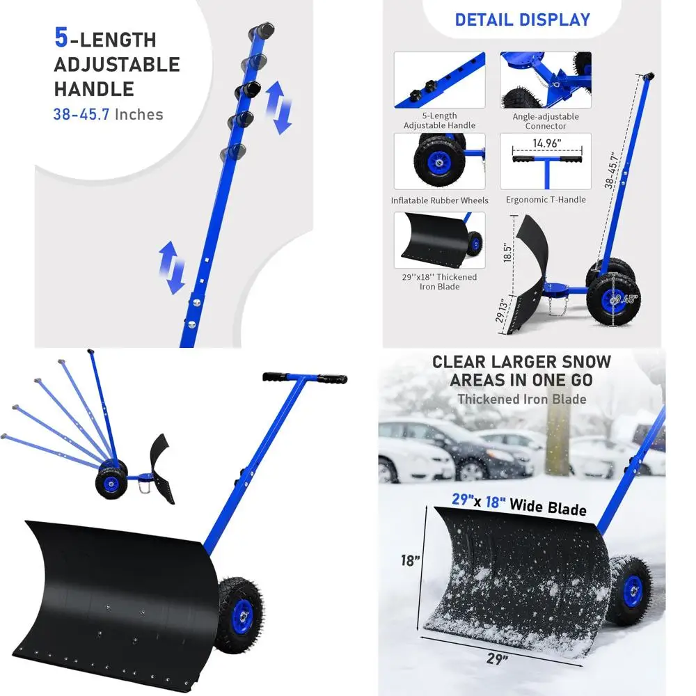 

29 Wide 18 Long Wheeled Snow Shovel with Adjustable Angle & Height, Padded Handle for Efficient Driveway Snow Removal