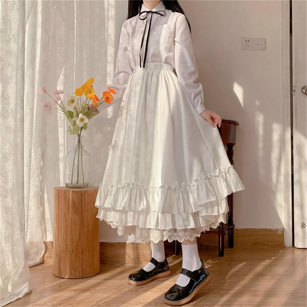 Korean Style Black White Half Skirt Female Long Skirts Japanese Solid Color Double Layer Vintage French Ruffled A-line Skirt