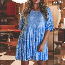 Ladies Temperament Glitter Sequin Mini Dress Half Sleeve Round Neck Lined Pocketless Dress Female Summer Loose Party Dresses