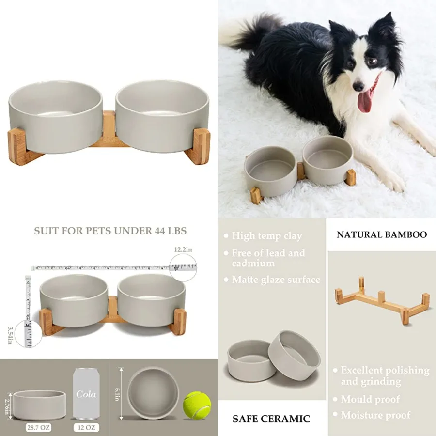

Ceramic Dog and Cat Bowl with Wood Stand Non-Slip Matte Glaze Weighted Food Water Set for Cat Medium Dog 28.7 OZ