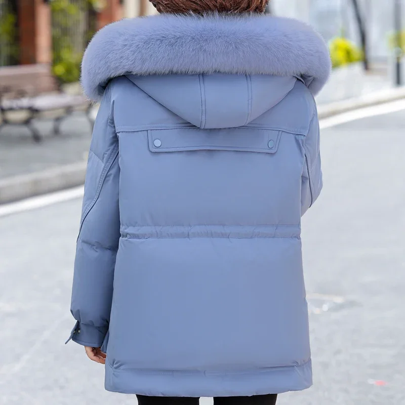 Real Fur Collar Middle Age Women Winter White Duck Down Jackets Vintage Prakas Hooded 2024 Elegant Thick Warm Down Coats Woman