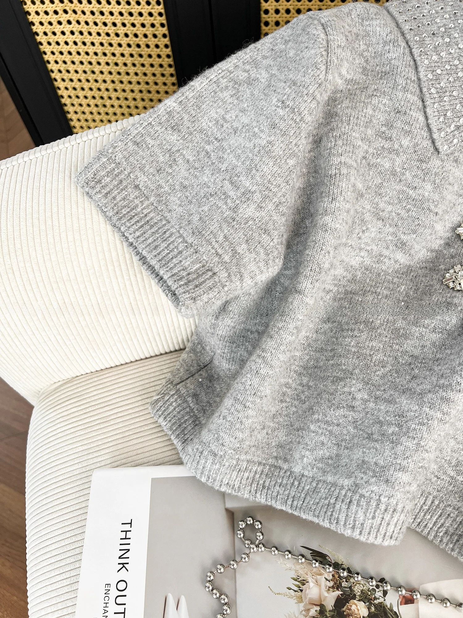 Cseta de Punto  Corta con Adornos de Diamantes, Estilo Coreano, Informal, Veraniega, Nueva, E y Versátil, para ...