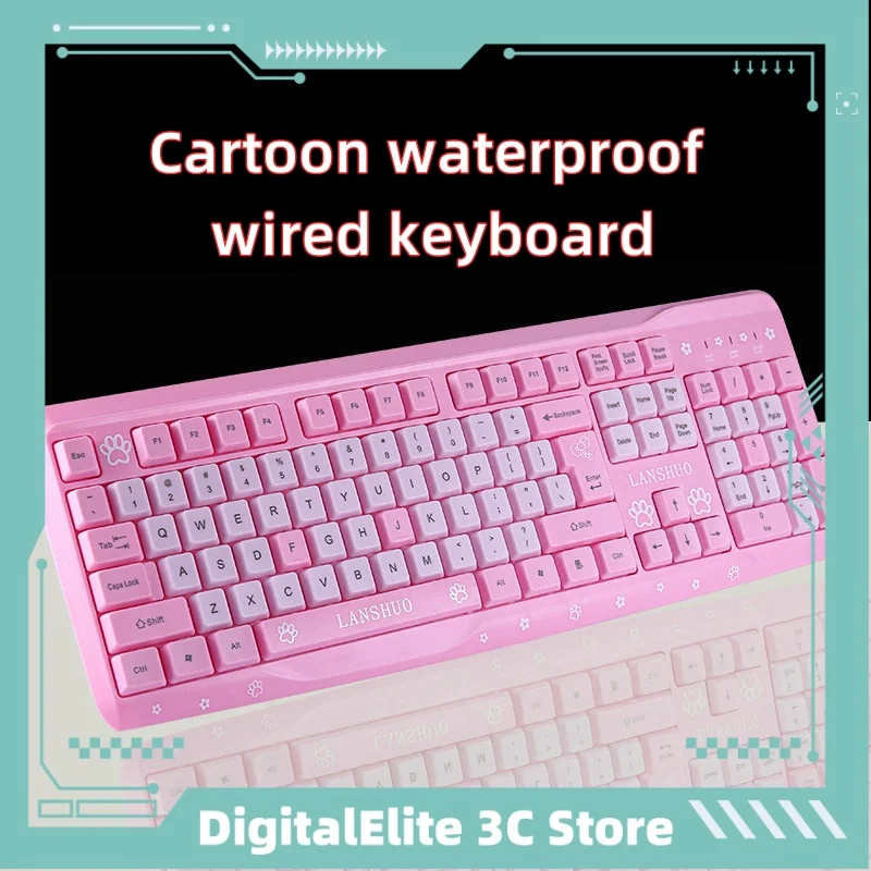 104 Key Silent Keyboard Cartoon Cat All Pink Cute Usb Wired Mechanical Keyboard Simple Lightweight Office Learning Keyboard