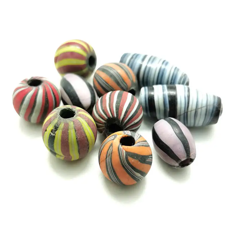 10PCS Ancient Method Stirred Stripes Glaze Beads Big Melon Beads Handmade Trade Lampwork TSB0255