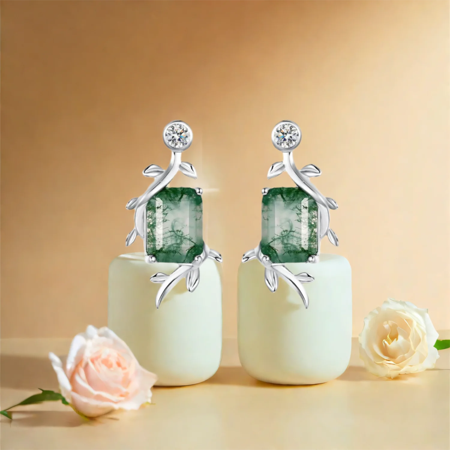 

Elegant Bypass Branch Earrings Stud and Dangle Earring Set Hexagon Cut Moss Agate Earrings for Anniversary Engagement