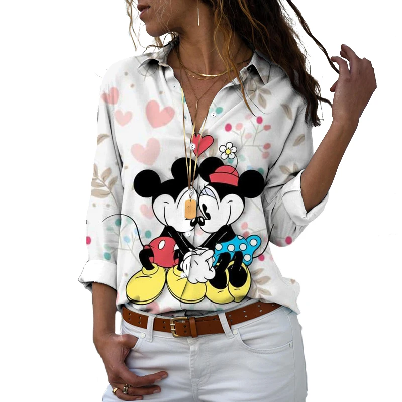 Novo 2022 disney harajuku ajuste fino 3d impresso botão feminino para baixo manga longa lapela mickey minnie casual bonito camisa