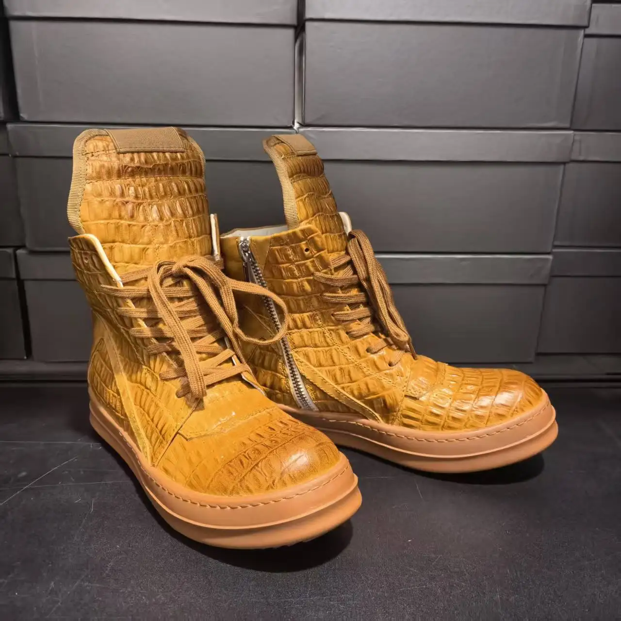 Handmade Real Leather Crocodile-patterned cowhide High Street Thick Sole geo-basket Boots