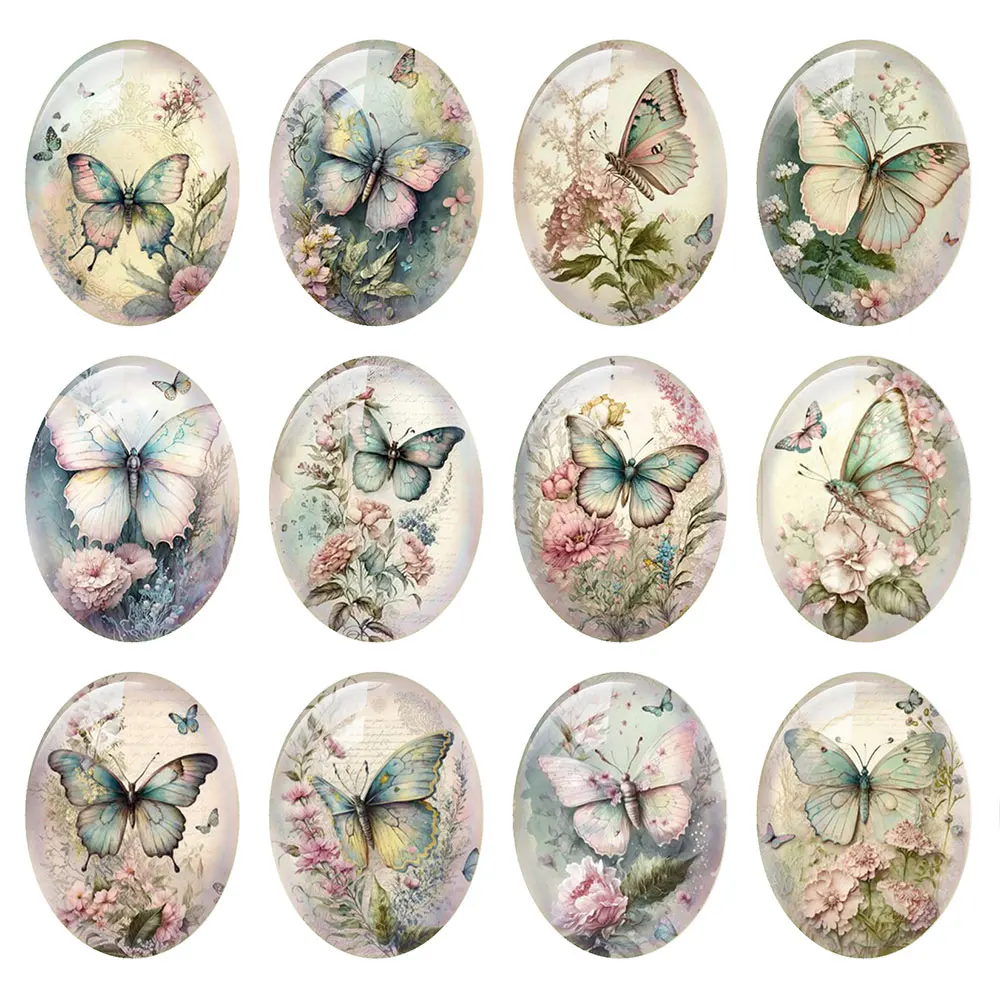Random Mixed Round/Oval/Square Watercolor Butterfly Floral Plant Photo Glass Cabochon Flatback Demo Cameo For Diy Jewelry Making