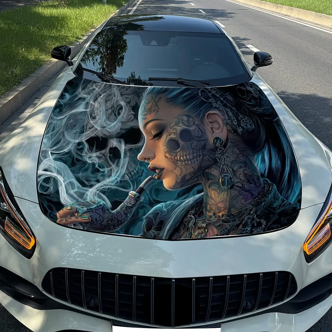 

Tattoo Skeleton Female Car Hood Wrap-Durable,Waterproof,And UV-Resistant PVC Sticker For Trucks,SUV,And Boats With Easy Installa