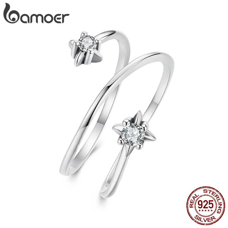 BAMOER 925 Sterling Silver Three-layer Stars Open Ring, Minimalist CZ Adjustable Ring for Women Lover Birthday Jewelry Gift