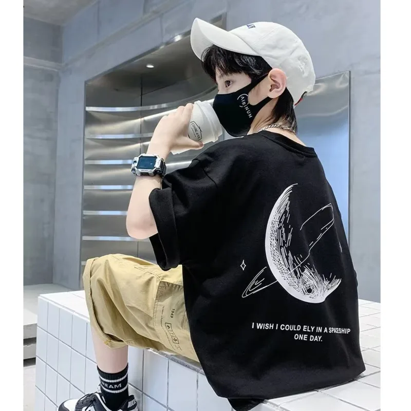 Boys Short-sleeved T-shirt Summer Children's Summer Dress Half-sleeved Black Top New Middle And Big Children's Trendy T-shirt image 6