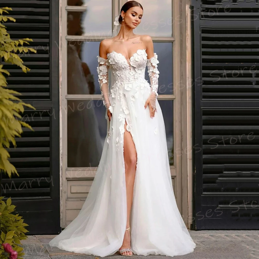 Sweetheart Kraag A-lijn Vrouwen Trouwjurken Prachtige 3D Bloemen Bruid Jurk Charmant Side Split Vestidos De Novia Aangepast