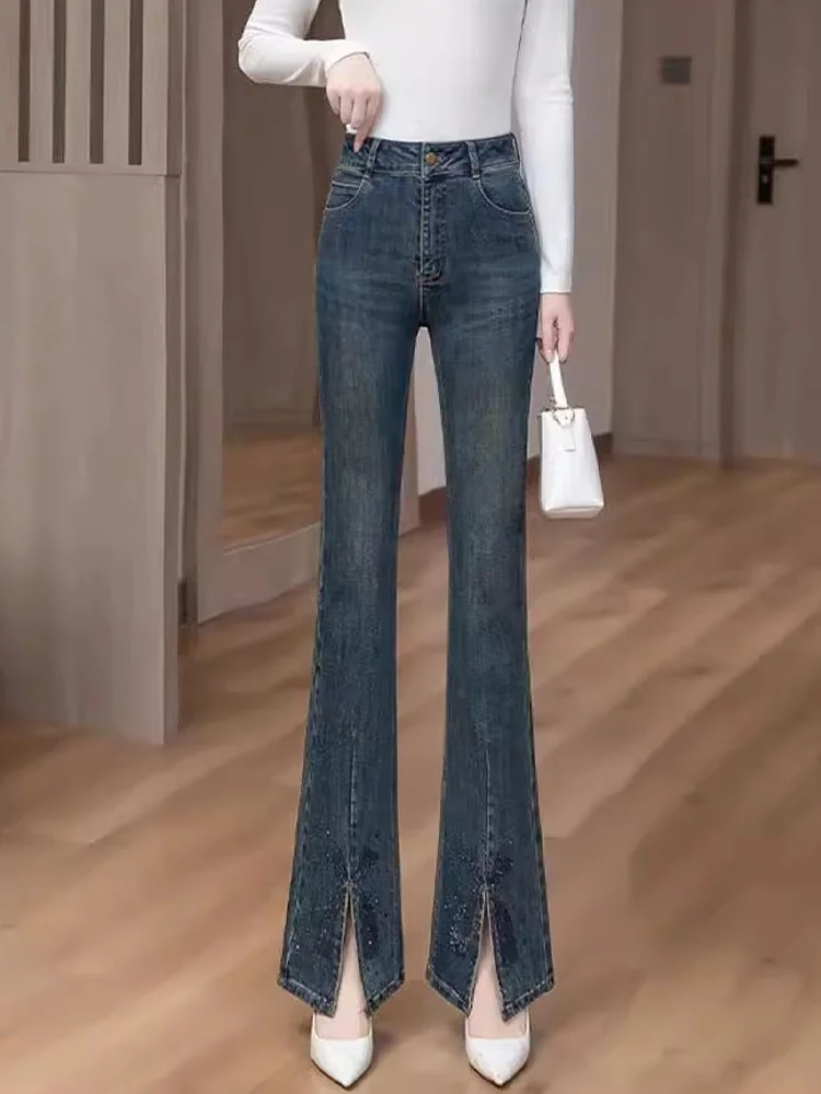 กางเกงยีนส์ทรงกระบอกเอวสูงยืดได้ กระชับสัดส่วน สำหรับผู้หญิง แฟชั่นฤดูใบไม้ผลิ ฤดูใบไม้ร่วง ฤดูหนาว  แบบมีซิป