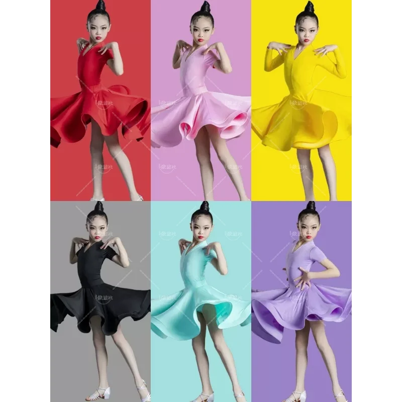Children's Latin Dance Professional Competition Clothing Girl's Big Swing Dress New Children's Latin Training