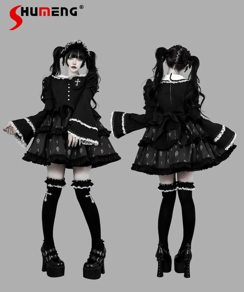 

Japanese Retro Harajuku Gothic Black Short Dress Lace Embroidery Doll Collar Long Sleeve High Waist Lace-up A-line Dress Women