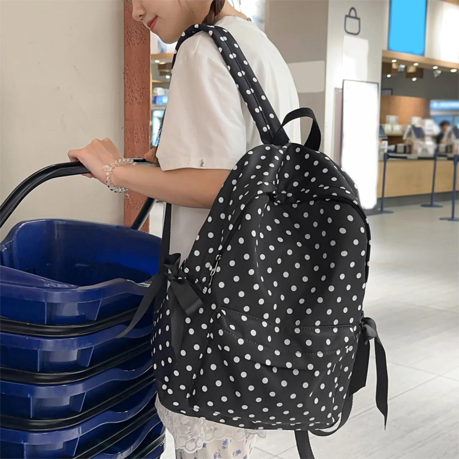 Cute Polka Dot Backpack Kawaii Sweet Nylon with Side Bows Bag for Women Women Casual High- College