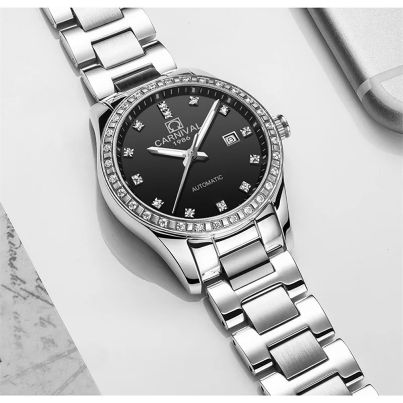 مصنع مستقيم الشعر التلقائي الميكانيكية ساعة نسائية موضة شعبية مقاوم للماء ساعة نسائية بسيطة الفولاذ المقاوم للصدأ المعصم ث