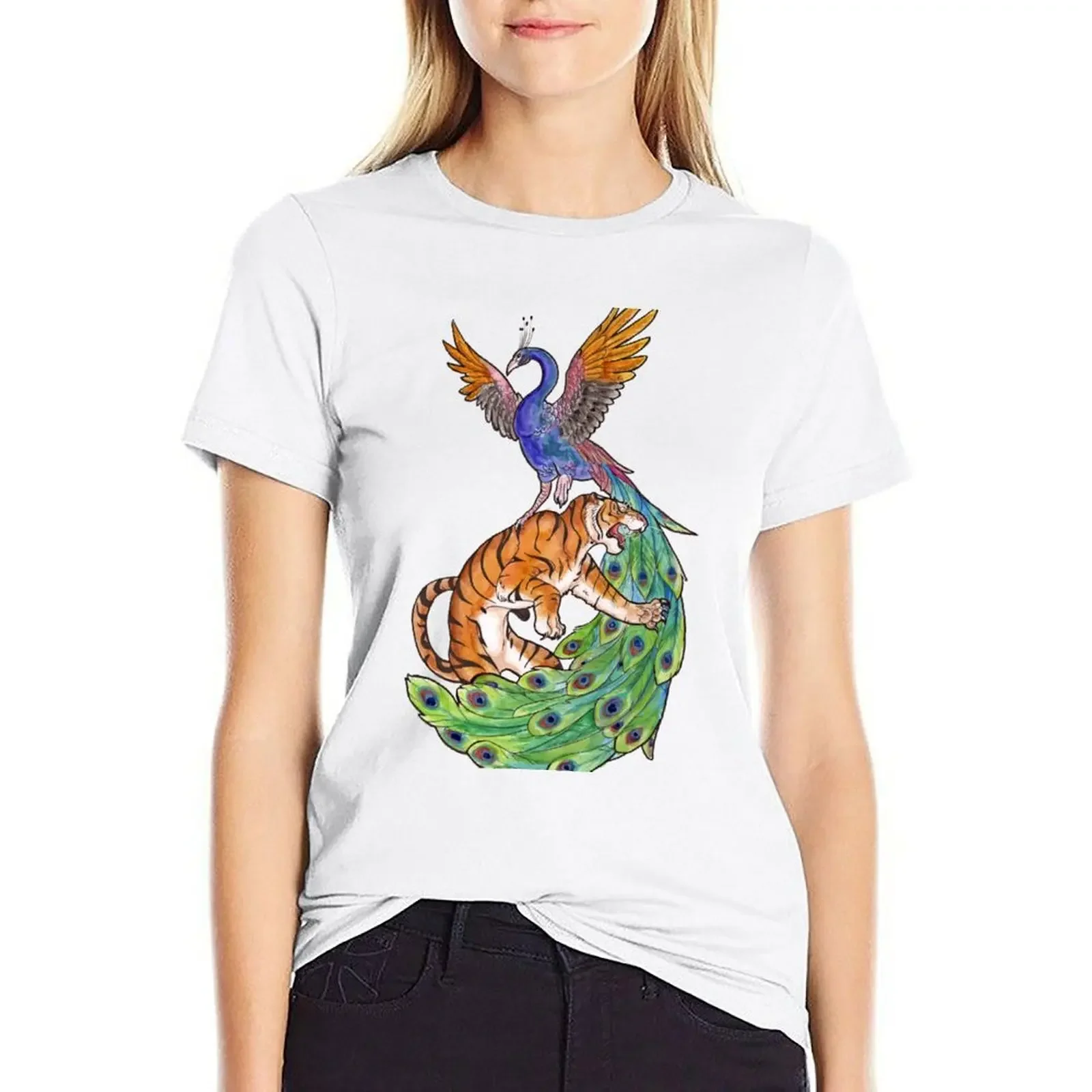 

Tiger and Peacock T-shirt funny kawaii clothes aesthetic clothes t-shirts for Women graphic tees