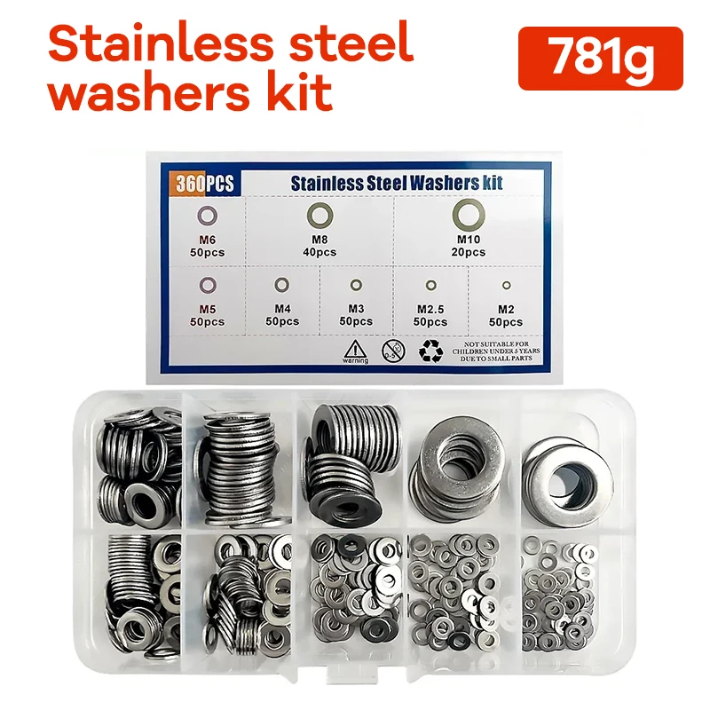 

360pcs/Box M2 M2.5 M3 M4 M5 M6 M8 M10 304 Stainless Steel Washer Set Adjusting Shim Plain Gasket Assortment Kit Box