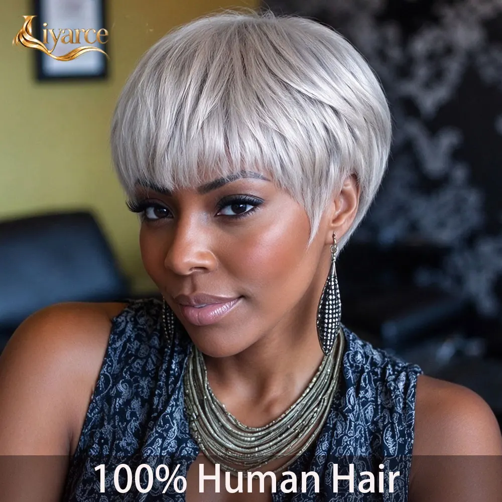 Gray Short Straight Human Hair Wig for Women Full Machine Made Brazilian Remy Hair Pixie Cut Wig 200% Density Ready To Wear Textured Pixie Human Hair Wig with Bangs