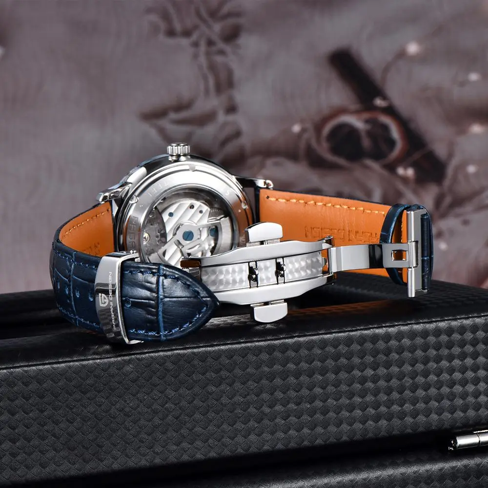 Reloj Mecánico PAGANI DESIGN 2025 de 42mm, reloj Tourbillon con movimiento automático, correa de cuero PU resistente al agua de 100m de acero inoxidable