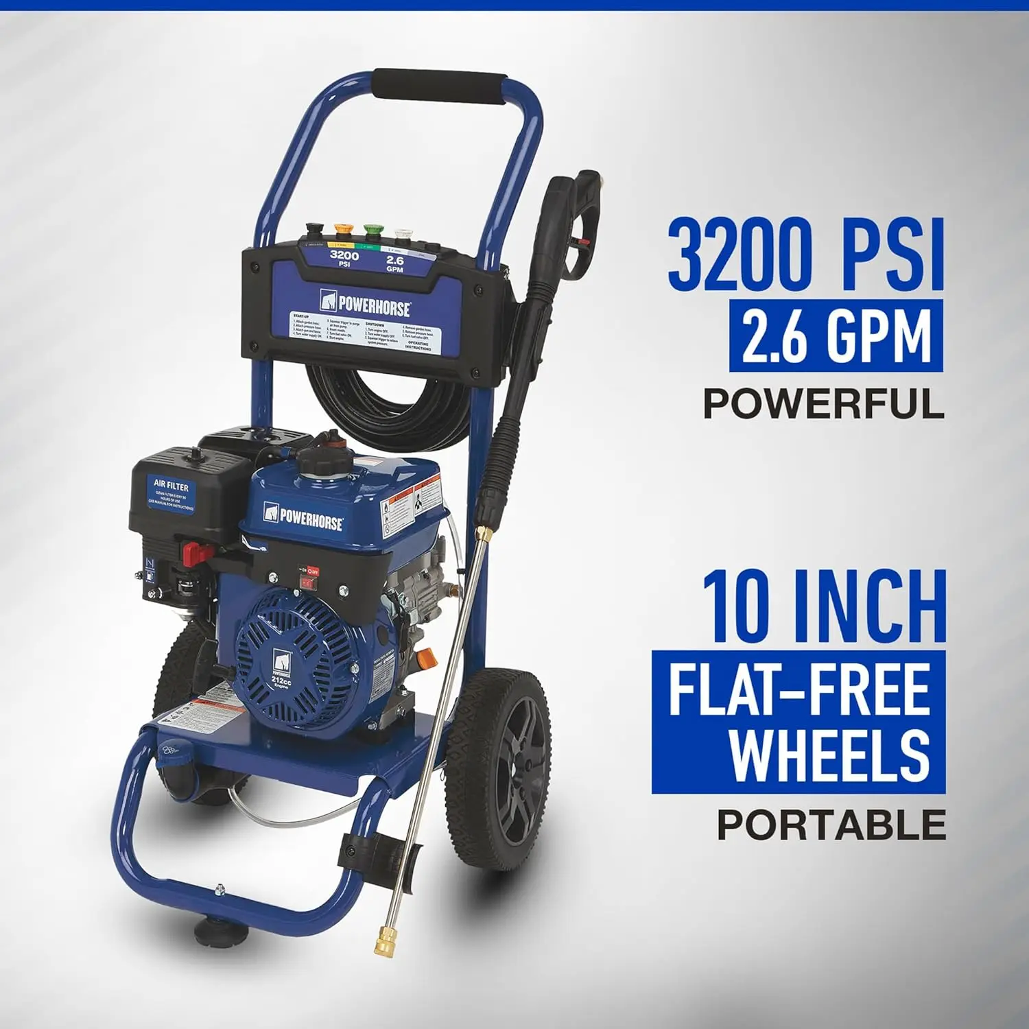 Gas Cold Water Pressure Washer, 3400 PSI, 2.7 GPM, Maintenance-Free Axial Pump, Steel Tube Frame