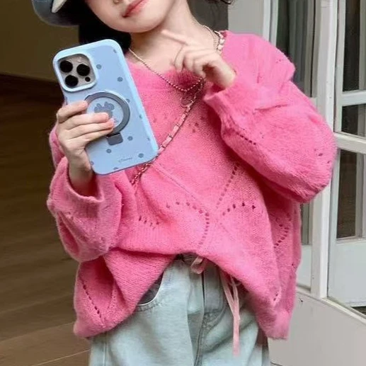 Girls Sweater 2026 Autumn and Winter New Childrens Clothing Korean Style Girl Baby Foreign Loose Solid Color Hollow Knitwear