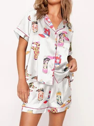 Summer Preppy Two Piece Pj Sets Pajamas for Women Cute Cowboy Boots Button Down Shirts Boxers Shorts Lounge Pajama Set