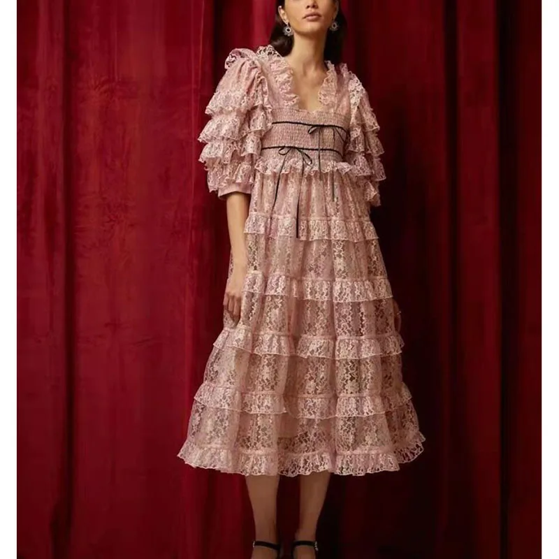 

Women Dress 2022 High Quality Summer Runway V-Neck Short Sleeves Ruffles Casual Dress NP1849Y