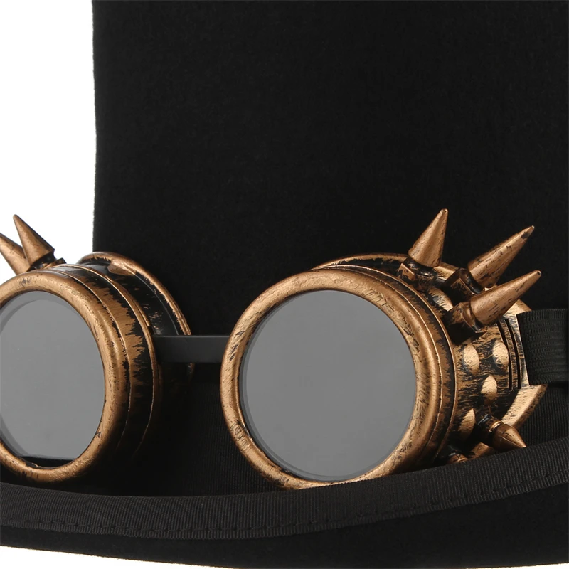 GEMVIE 100% Wool Felt Steampunk Unisex Top Hats with Glasses Rock Band Cap Costume Fedoras Magic Party Cylinder Black Hat