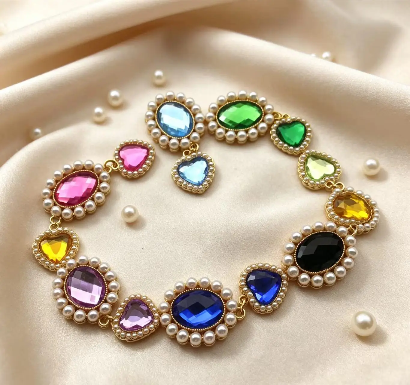 10Pcs Gold Plated Zinc Alloy Pearl Edge Oval Crystal Charms 2.3cm×5cm Heart Pendant Connectors DIY Bikini Buckle Garment Decor J