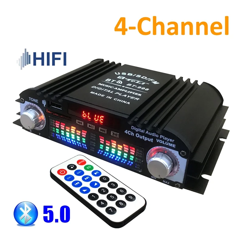 Bluetooth 5.0 HIFI Audio Amplifier 4-Channel Digital Sound Amp for Home Audio Systems, Car, Karaoke Supports USB SD AUX