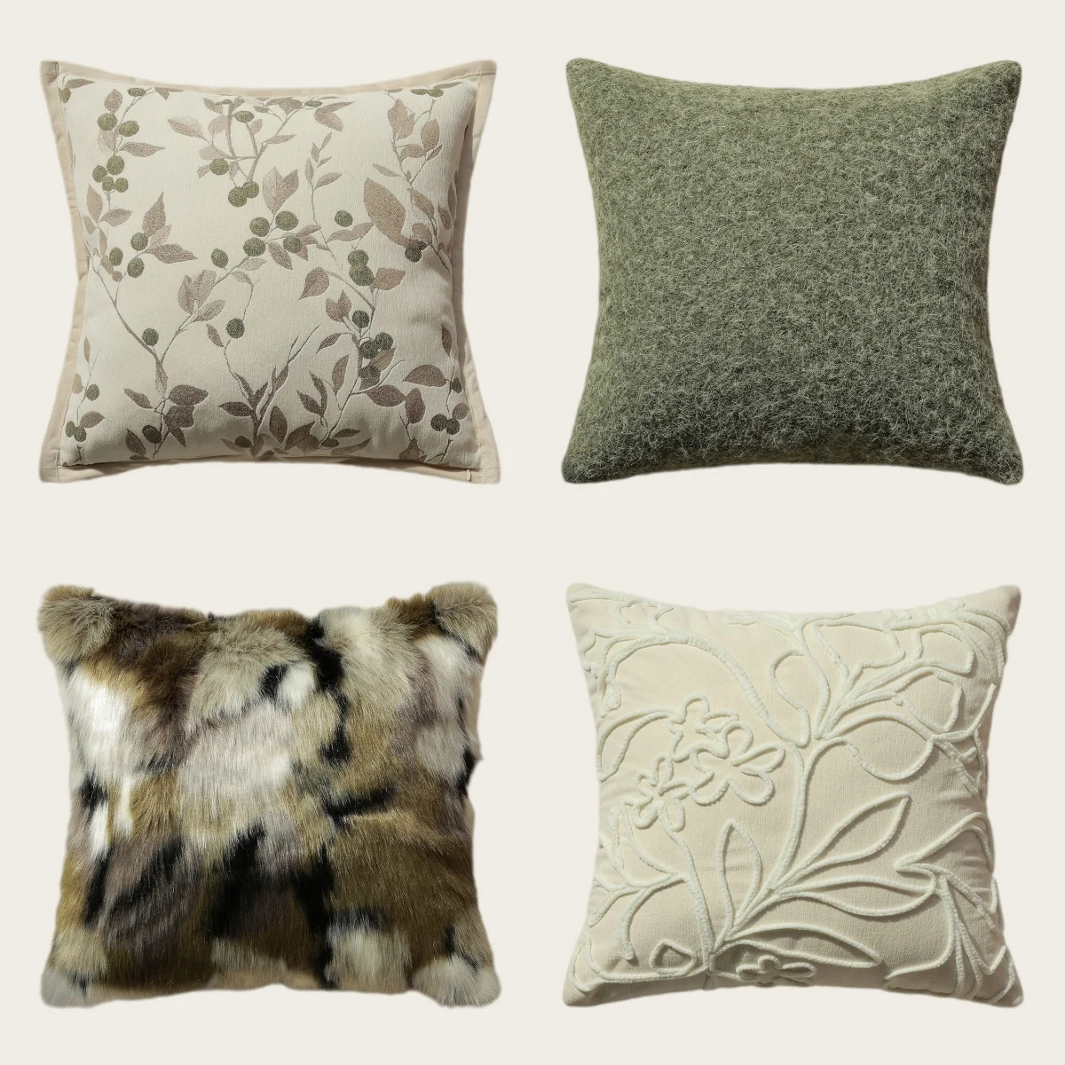 Light French Botanical Pillow Cover Cream White Tufted Floral Cushion Cover Camouflage Brown & White Faux Fur Throw Pillow Case