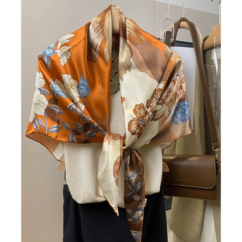 108CM Floral Square 100% Silk Scarf Women High Quality Silk Large Square Bandana Scarves view 3