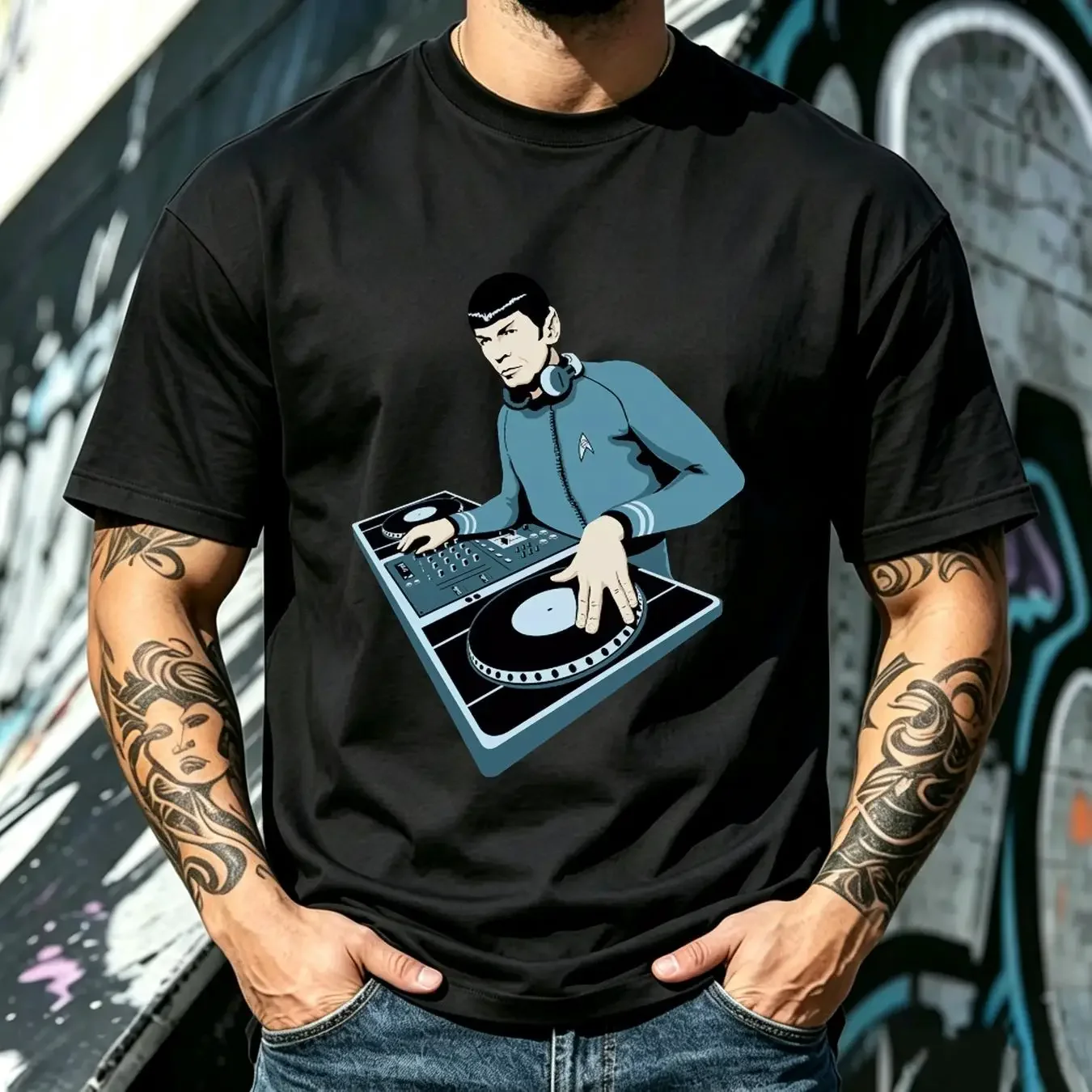 washed T Shirt DJ Spock Mens Funny Deejay Decks Vinyl Dance Music House vintage Washed Versatile streetwear graphic Unisex