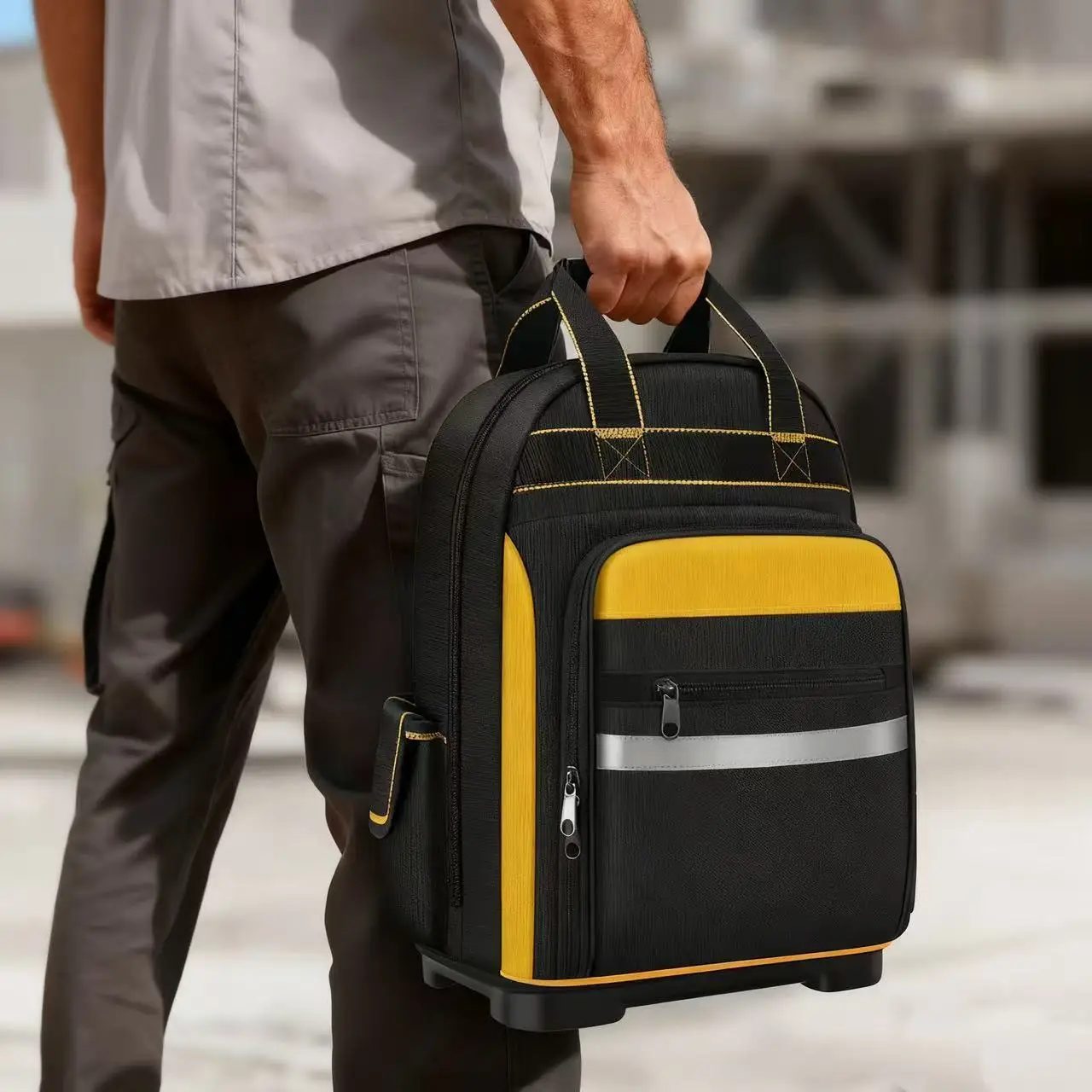 one-piece-black-and-yellow-backpack-style-tool-bag-multi-functional-repairman's-portable-oxford-cloth-tool-bag-for-electricians-plastic-bottom-backpack-tool-bag-suitable-for-elevator-repairmen-electricians-home-improvement-fishing-and-various-repair-workers
