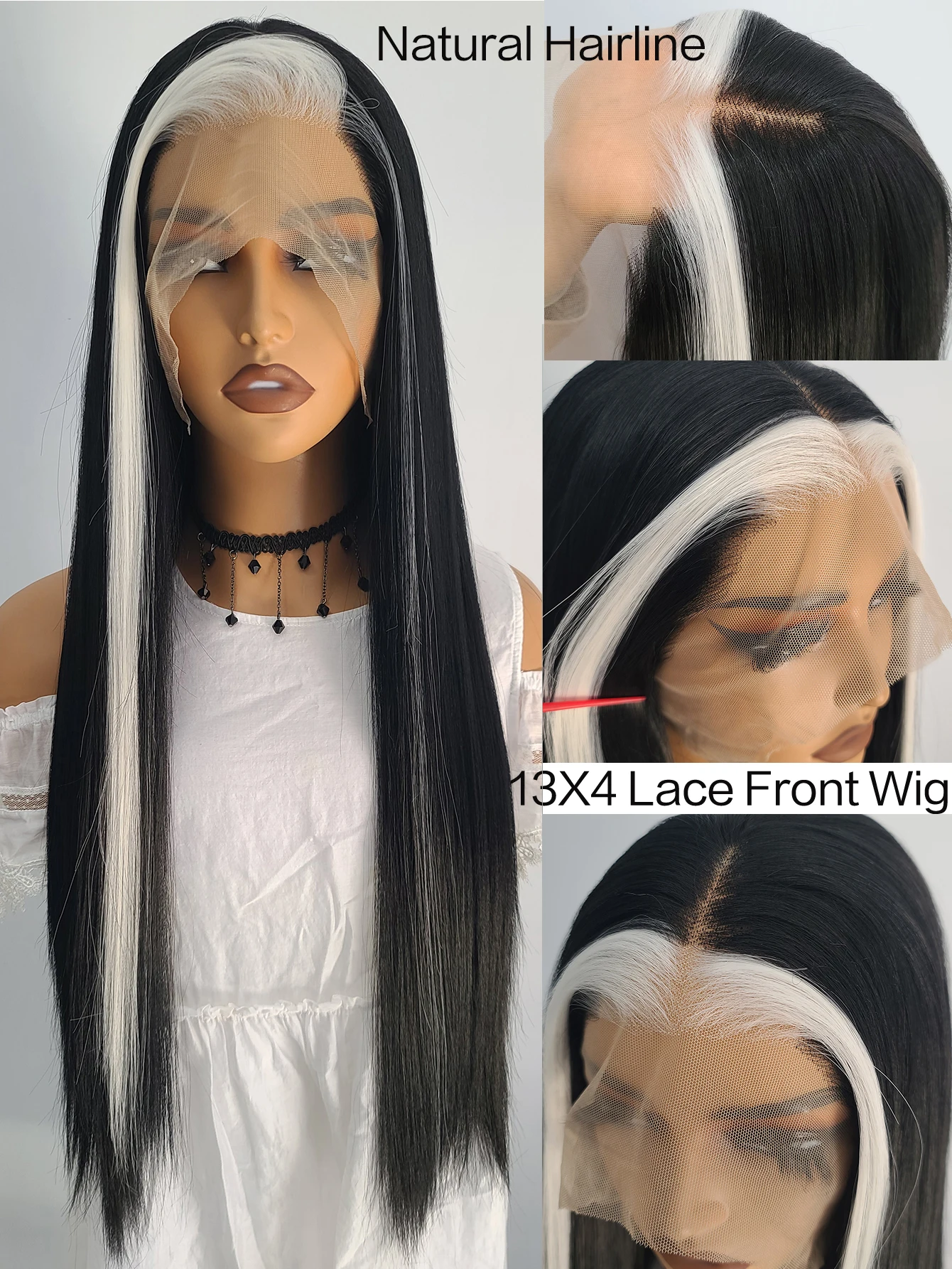 Long Straight White Highlight Black Lace Front Human Hair Blend Heat Ok Wigs WOmen Soft Natural Daily use