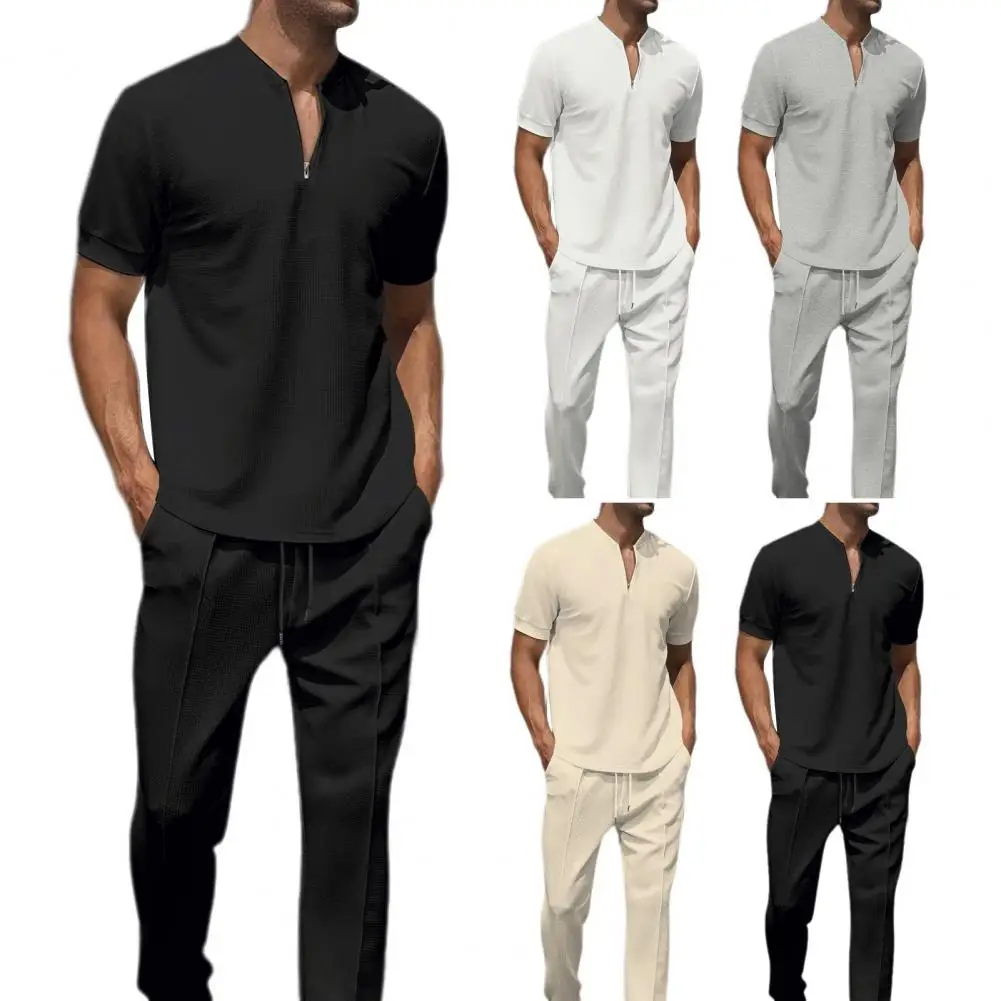 Conjunto de roupa casual de cor sólida masculina, gola com zíper, tops com decote, cintura elástica para vários, elegante