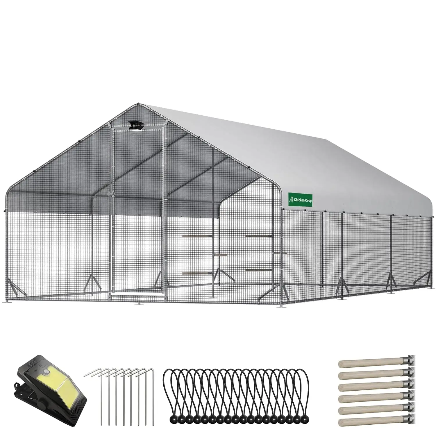 

Large Walk-in Metal Chicken Coop with Chicken Run & Hardware Cloth, Solar Light, Waterproof & UV-Resistant Cover,, Customized