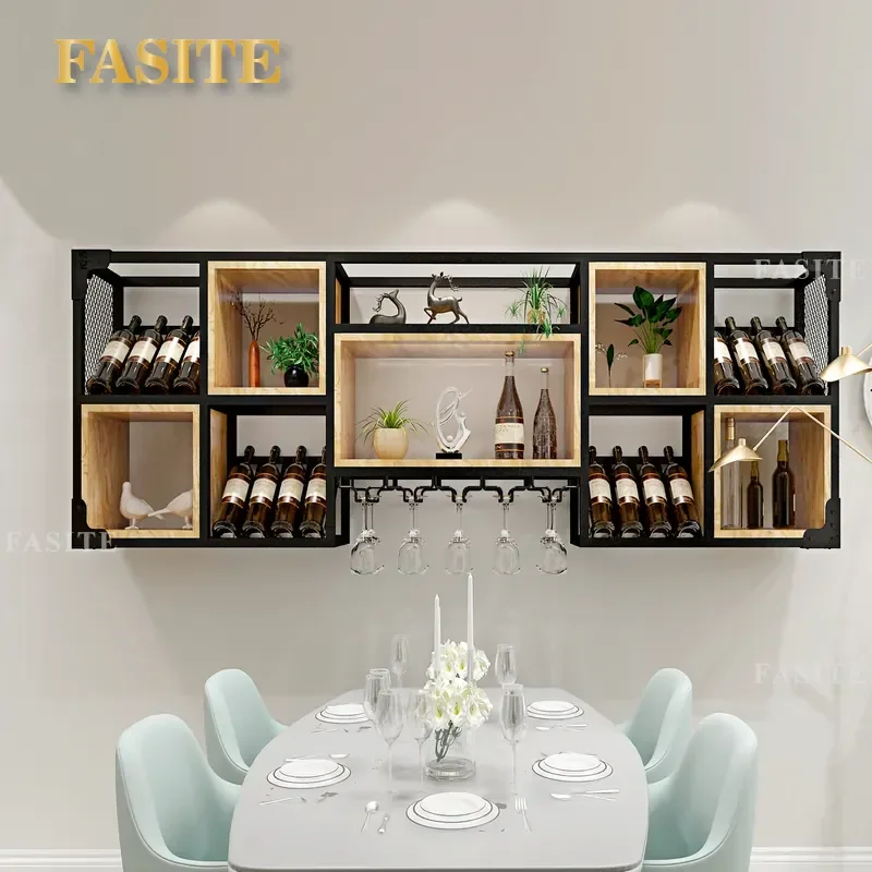 Nordic Wrought Iron Wine Rack Solid Wood Wall Mounted Wine Cabinet Simple Household Red Wine Storage Hanging Goblet Rack