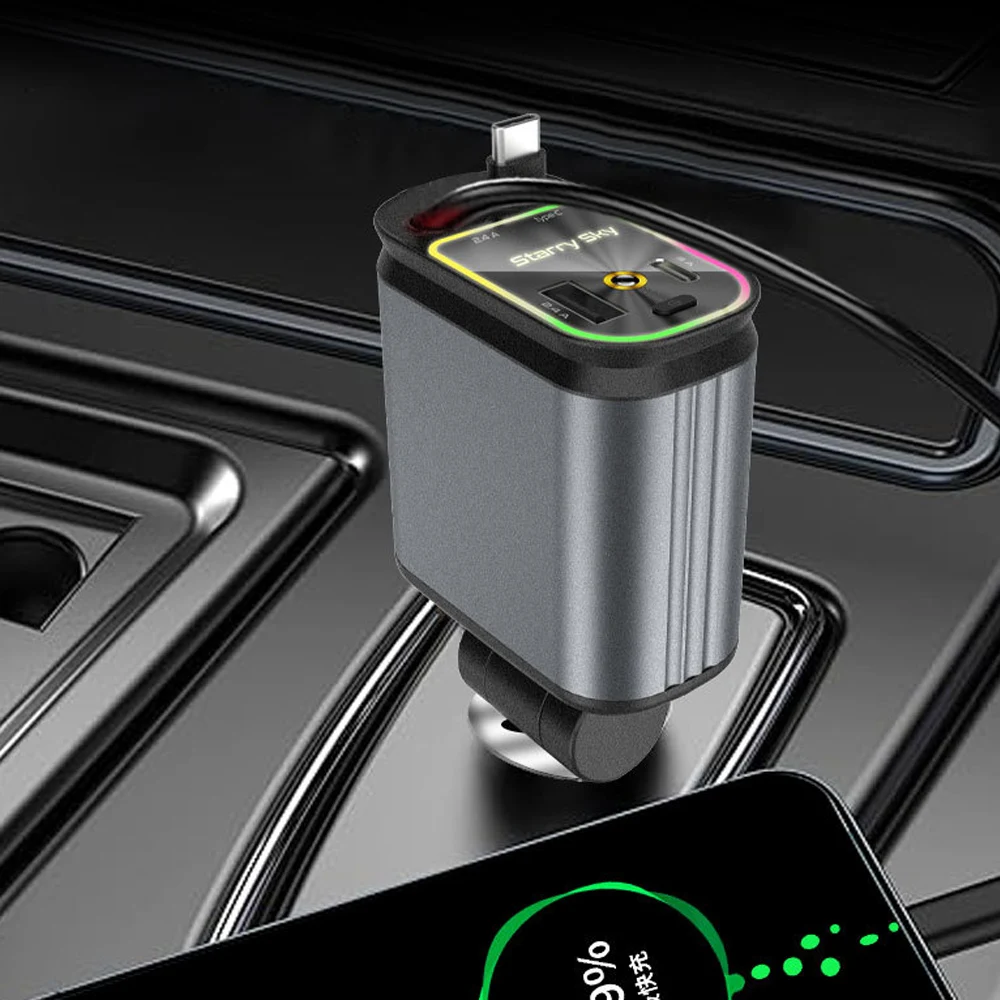 

1pc Car 4 in 1 Retractable Fast Charging Charger with Star Night Light 66W Type C Dual Cable Adapter Auto Accessories For iPhone