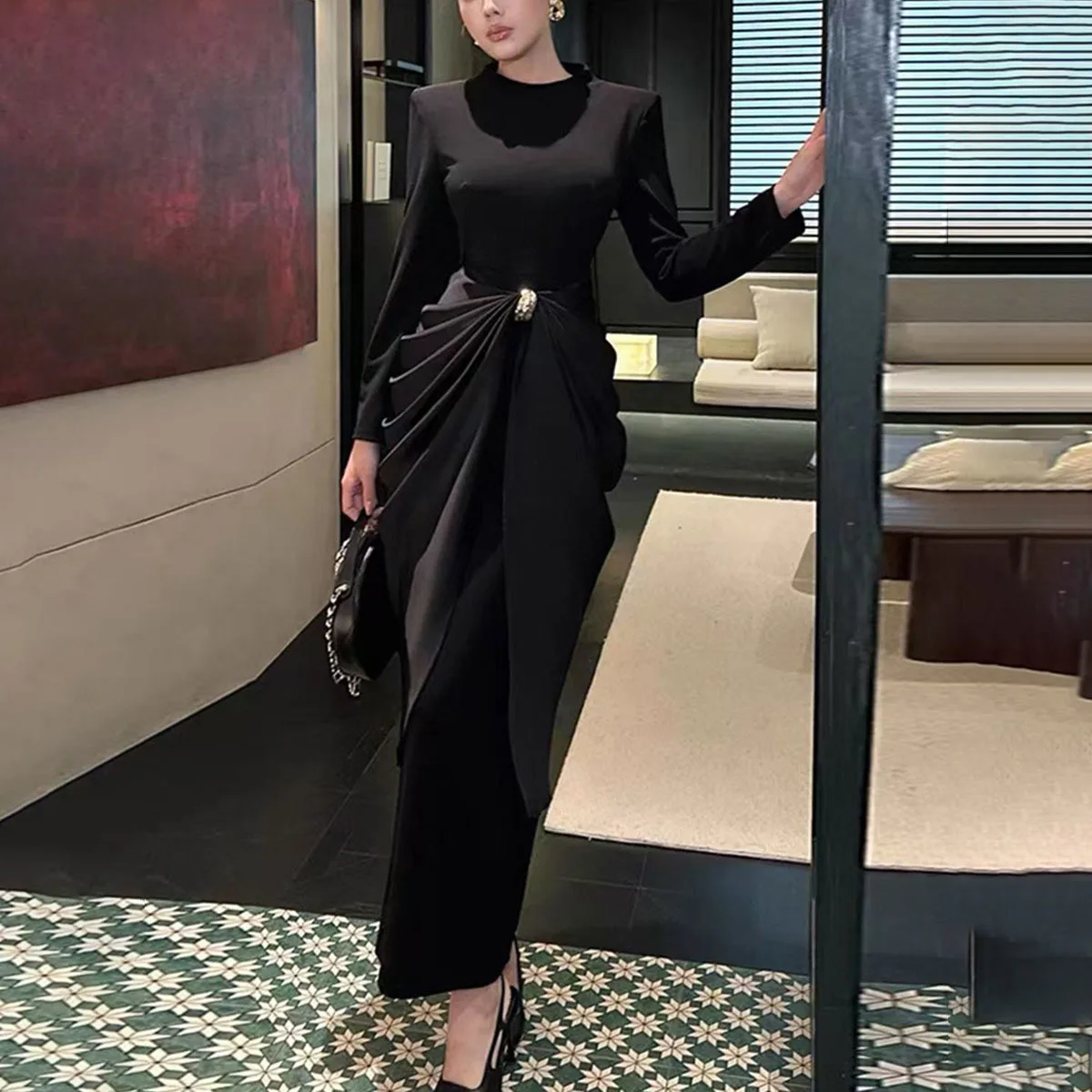 KWTX Damen-Kleid, solide, schlankmachende, gespleißte Falten, elegante Kleider für Damen, Rundhalsausschnitt, lange Ärmel, hohe Taille, Damenbekleidung, Neu