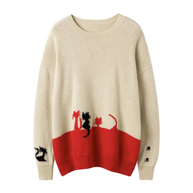 

drop shoulder cat jacquard 100% cashmere jumper sweater